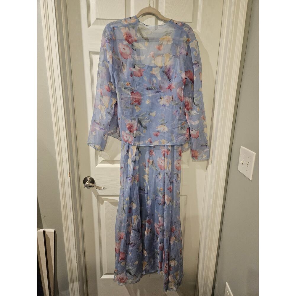 Vintage Ursula of Switzerland Maxi Dress Set 10‎ Blue Floral Sheer Jacket - Picture 7 of 9